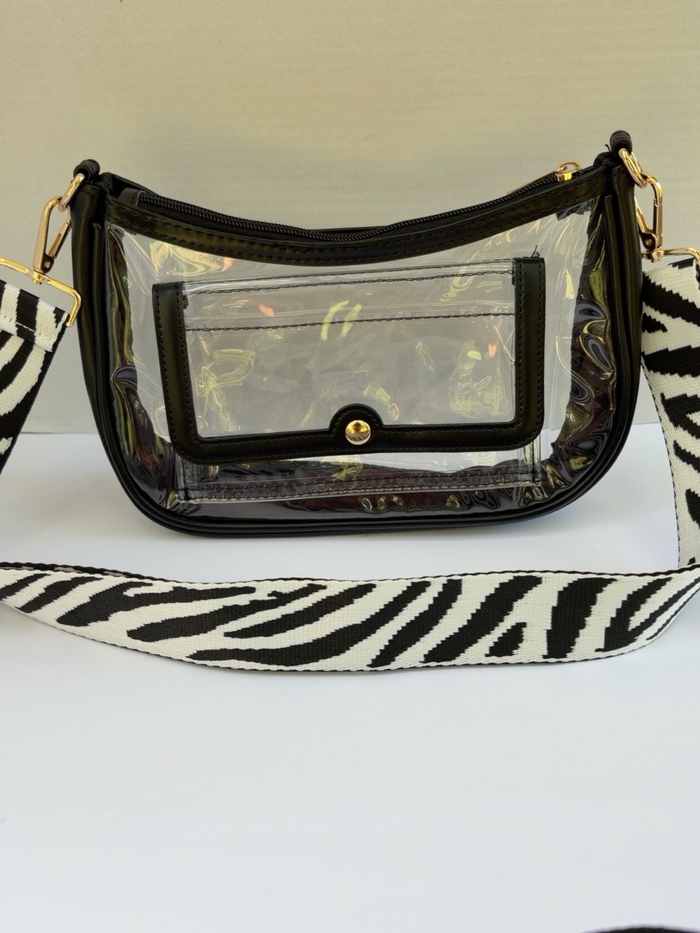Clear Stadium Crossbody Bag Black Trim Zebra Strap Gold Hardware